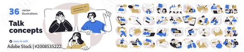 Communication and talk concepts, icons set. People texting, sending messages ...