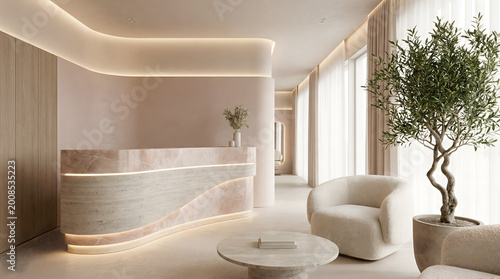 Luxury modern interior of a reception area or wellness spa lobby. Minimalist design featuring a curved marble desk with integrated lighting, bouclé armchair, and indoor olive tree. Digital rendering.