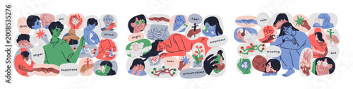 People feel positive and negative emotions, psychology concepts set. Happy, s...