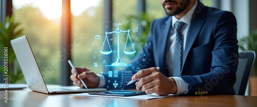 Lawyer reviewing business compliance checklist on digital interface with scales.