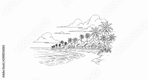 Tropical beach scene with houses nestled amongst palm trees by the ocean