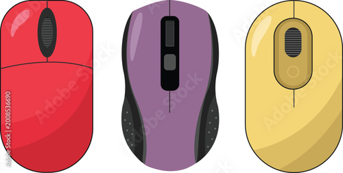 Computer Mouse Set Vector Illustration Collection of Wired and Wireless Mice in Different Styles and Colors Isolated on White Background
