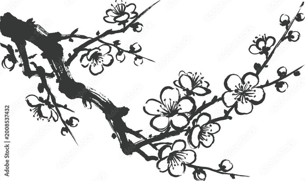 Fototapeta premium Black and white ink drawing of a blooming cherry blossom branch Vector Founding Day China