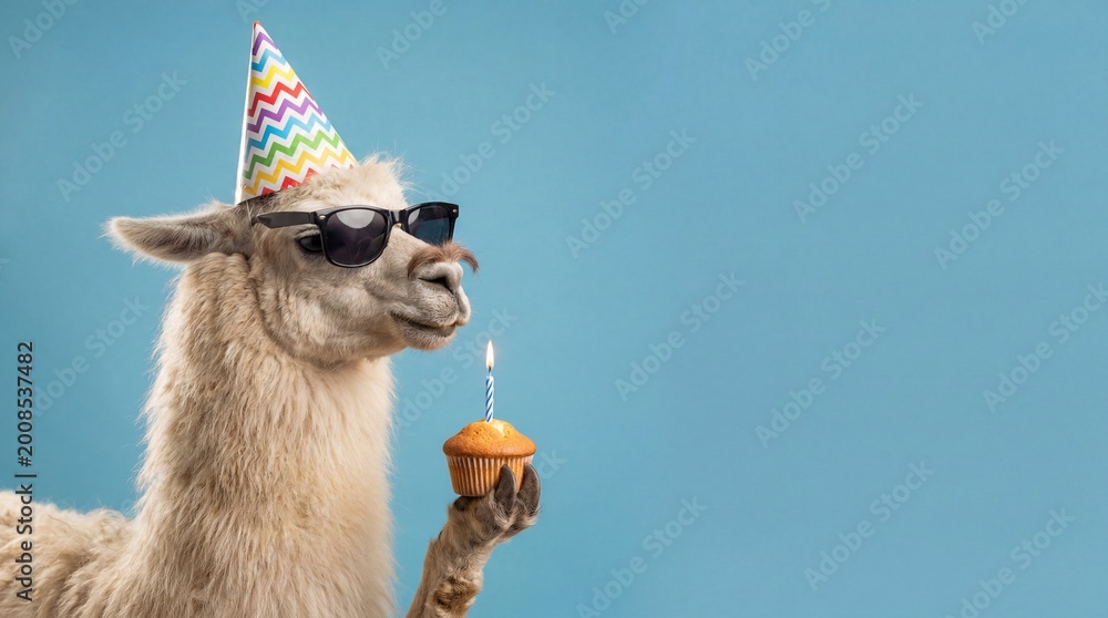 Fototapeta premium Llama wearing sunglasses and party hat holds cupcake with candle