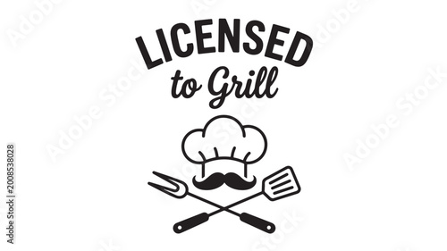 Foto Chef hat icon with mustache and crossed utensils for Licensed to Grill featuring