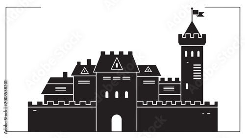 Slika na platnu Castle laboratory icon silhouette with hazard symbols, chalky outline style for