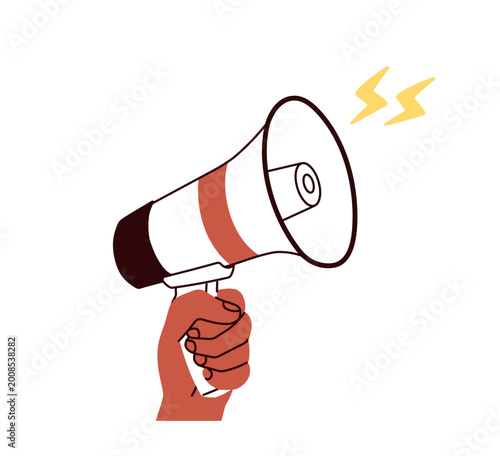 Hand holding megaphone. Loudspeaker, bullhorn for announcement, information, ...