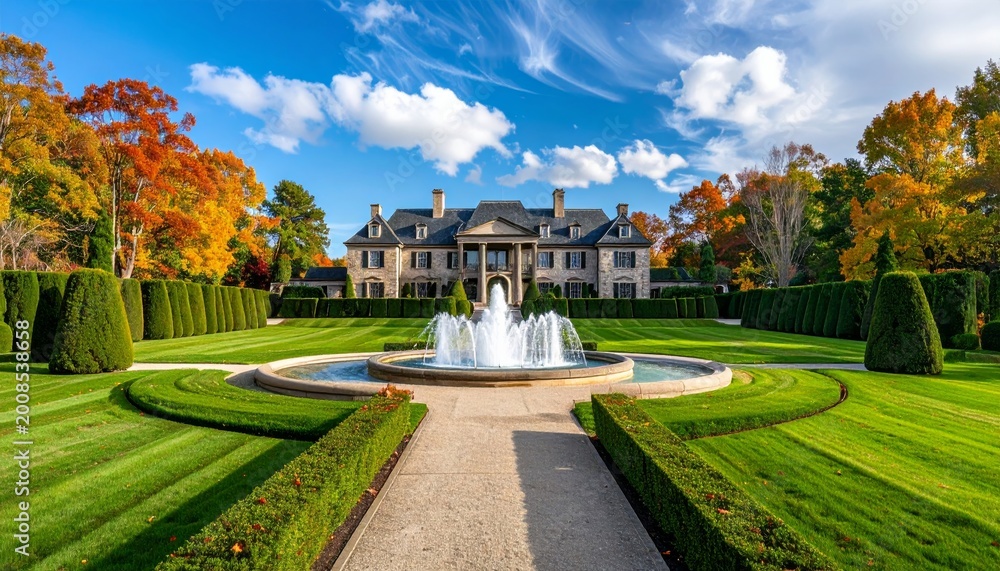 Fototapeta premium An old European cathedral with historic architecture stands tall against a clear sky in an urban city park surrounded by autumn trees and a lush garden near a landmark palace downtown