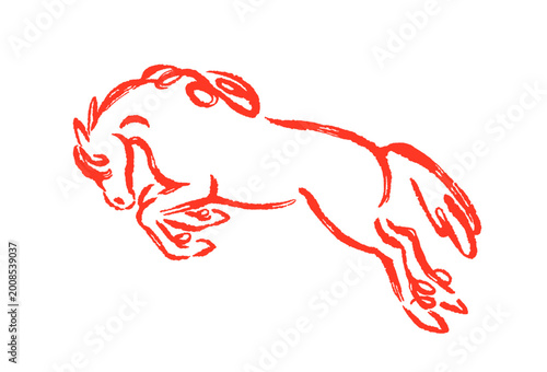 Horse jumping, contour drawing, brush line. Equine animal in motion, leap, do...