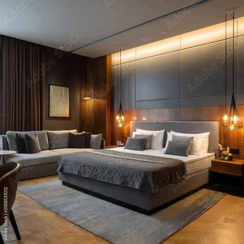 Modern hotel room with double bed, night tables and day sofa bed - luxury bedroom