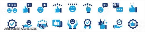 Positive Feedback, good review and stars rating icon set. Featuring icon symbol : happy customer, 5 stars rating, check mark badge, satisfaction, giving review, two thumb up, experience, approval.