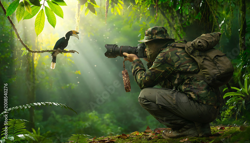 Wildlife photographer capturing image of hornbill perched on branch in forest