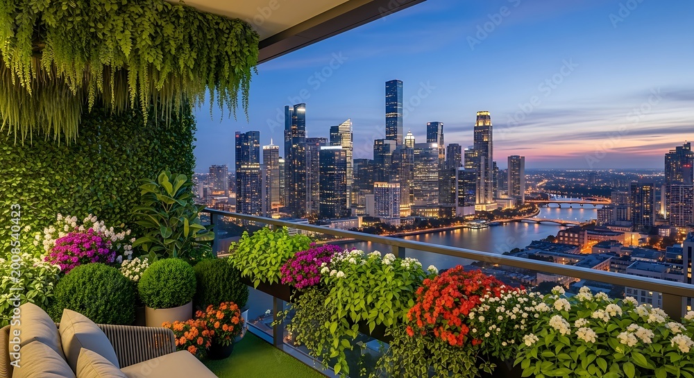 Fototapeta premium Serene Balcony Oasis Overlooking Singapore Skyline at Twilight.