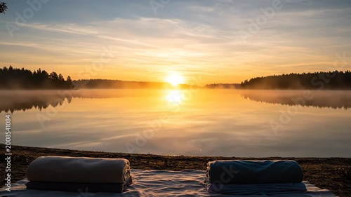 Pristine lake landscape displaying a serene foggy morning sunrise with two folded blankets placed on a white sheet ready for an outdoor relaxation activity