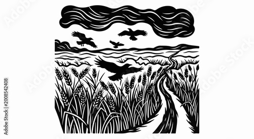 Birds soar over a winding path through a field of wheat under a stormy sky