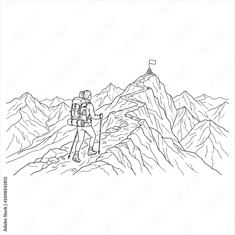 Obraz premium Hiker standing on mountain peak looking at flag on distant summit