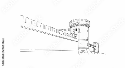 Black and white line drawing of a medieval castle wall with towers and battlements