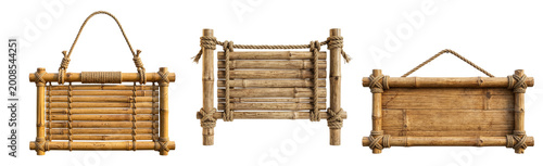 Tropical Bamboo Wood Fence Panel Tied with Ropes Isolated for Summer Resort Branding