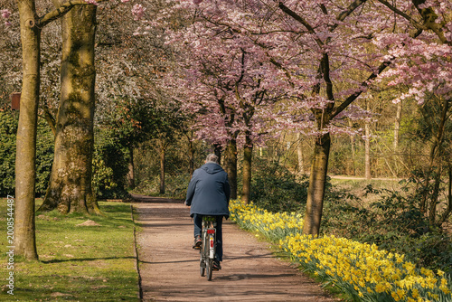 A cyclist rides along a peaceful park path lined with blooming cherry trees and bright yellow flowers in warm spring sunlight.