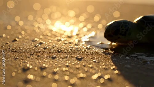 Close up of tiny water droplets glistening on coarse sand reflecting golden sunlight and creating beautiful bokeh effects