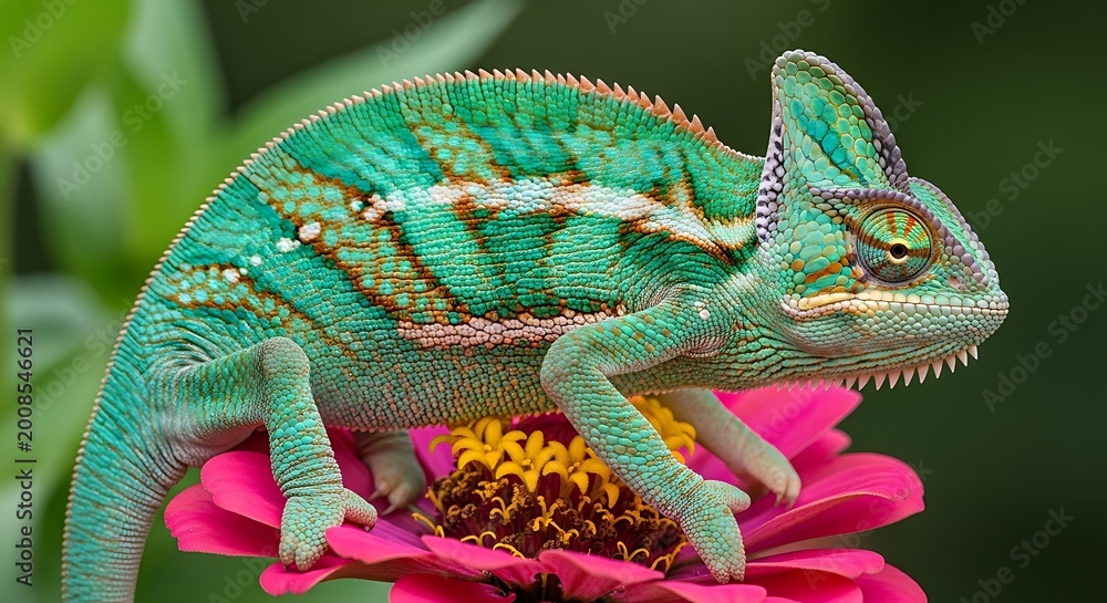 Fototapeta premium Chameleon sitting on colorful flowers