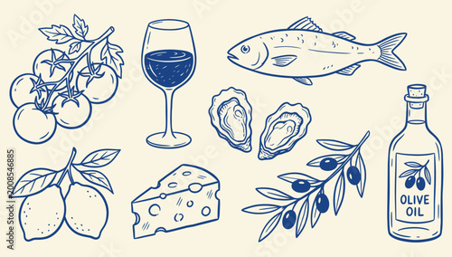 Cuadro en lienzo Mediterranean food doodle icon set hand drawn vector illustration