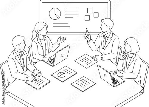 会議室でディスカッションをするビジネスチームの線画イラスト