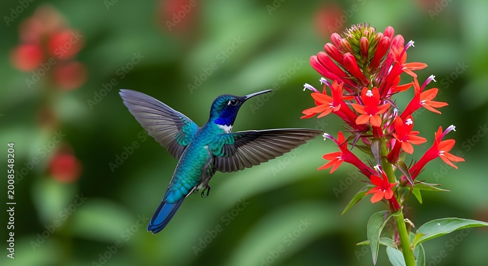 Fototapeta premium Hummingbird feeding on red flowers in nature