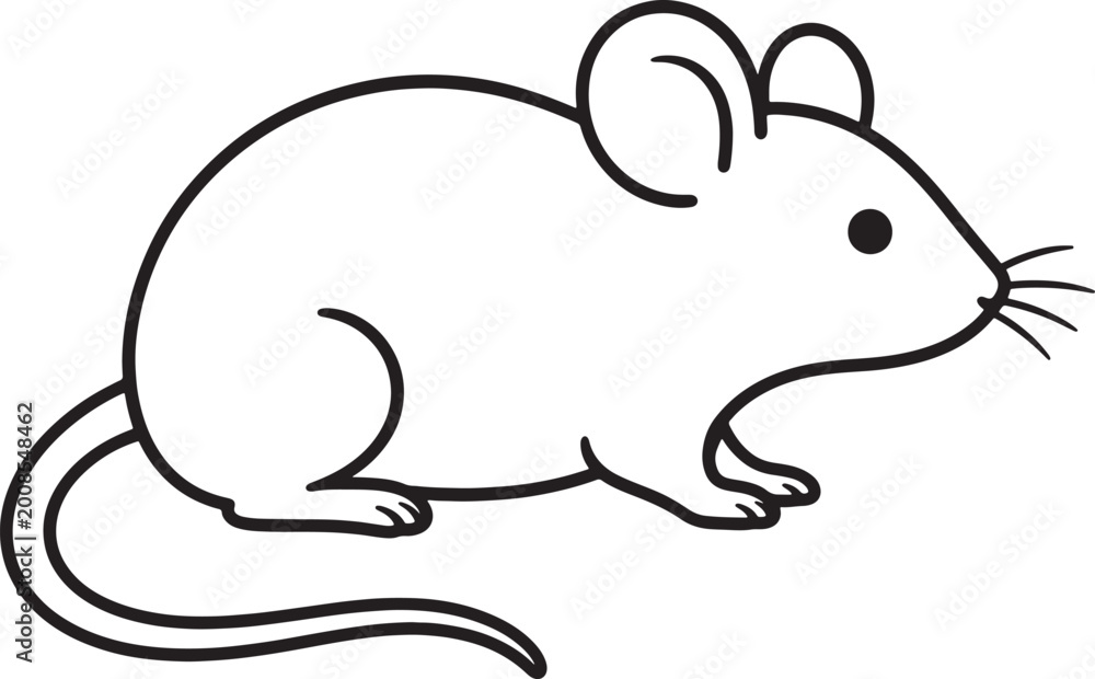 Obraz premium Simple black line of a cartoon mouse with large ears and a long tail, facing right also transparent background