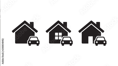 Fotografia Houses with cars icon set featuring simple black silhouettes and garages featuri