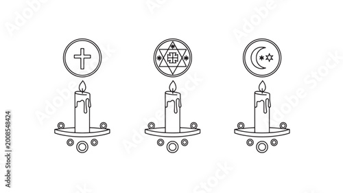 Foto Candle religious icon outline with cross, pentagram, moon symbols on a faith alt