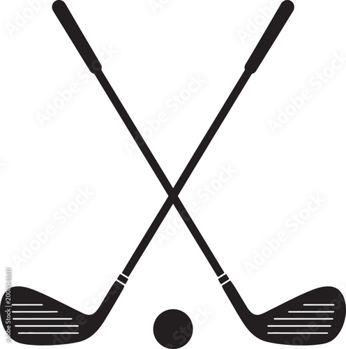 Two black golf clubs crossed over a black golf ball, isolated on a white background, also transparent background