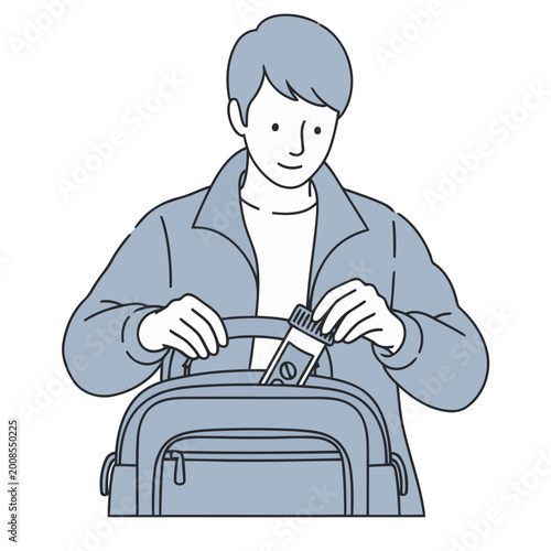 Canvas Print A young man packs a travel vitamin tube into his backpack
