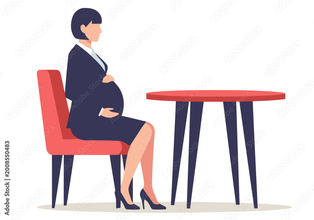 Fototapeta premium A pregnant businesswoman sits at a table, radiating professionalism and strength. Modern flat illustration style. Suitable for business and maternity themes.