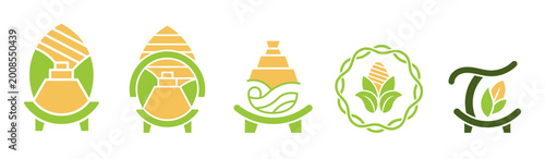 Corn product and tortilla logo set, vector stylized maize emblems for organic food brand