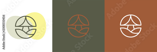 Agriculture and organic farming logo set, vector linear emblems with sprout and field symbols