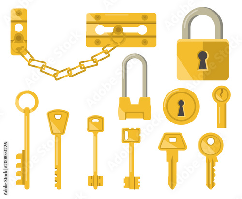Golden lock and key vector set, flat security icons with padlocks, door chains and keys