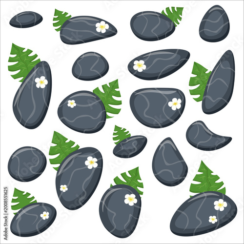 Spa stones with tropical leaves and frangipani flowers set, vector zen basalt pebbles for wellness design