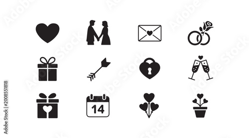 Valentines day vector elements set featuring gift boxes envelope and wedding ring symbols.