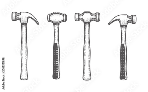 Four hand drawn hammers with different heads and handles tool vintage metal wood