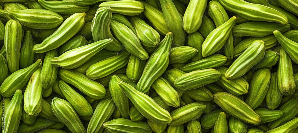 Fototapeta premium Fresh Vibrant Okra Pods with Textured Surfaces Captured in Full Frame for Food Photography Ideas