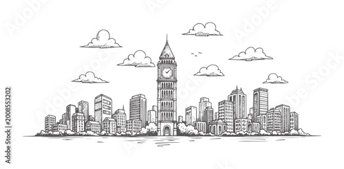 Hand drawn of London skyline with Big Ben and clouds clock