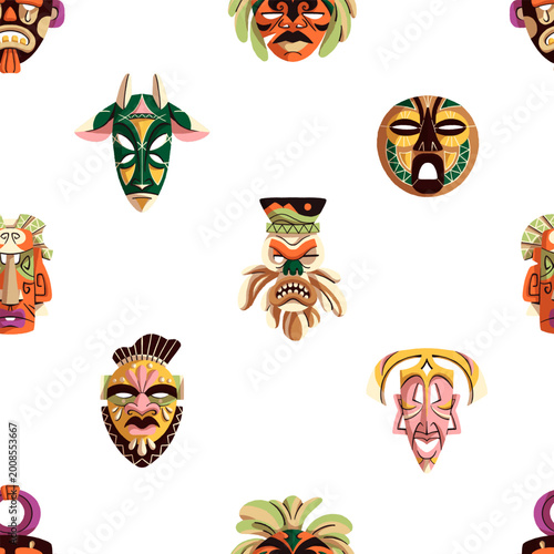 Photos Repeatable pattern of different tribal masks of ancient Africa