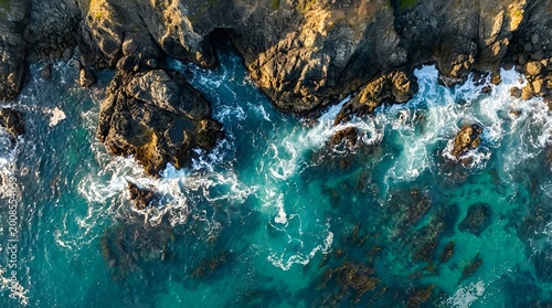 Aerial View of Coastal Rocks and Turquoise Ocean Waves Crashing