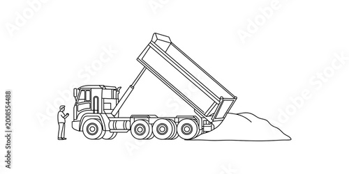 Cuadro en lienzo Dump truck unloading sand with a worker standing nearby line art
