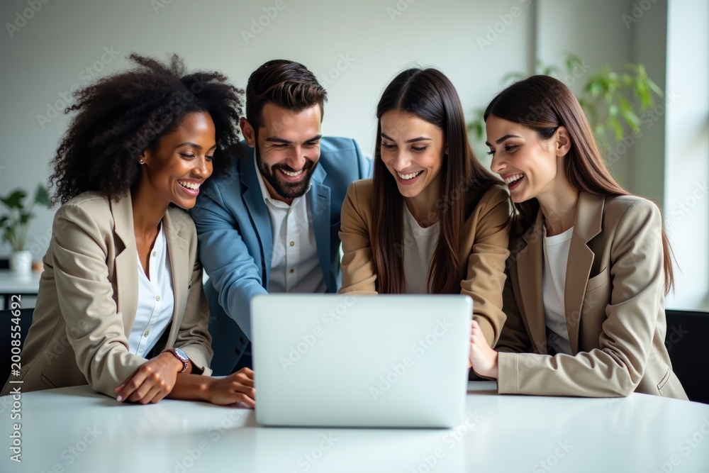 Fototapeta premium Diverse Business Team Collaborating Happily Around Laptop in Modern Office