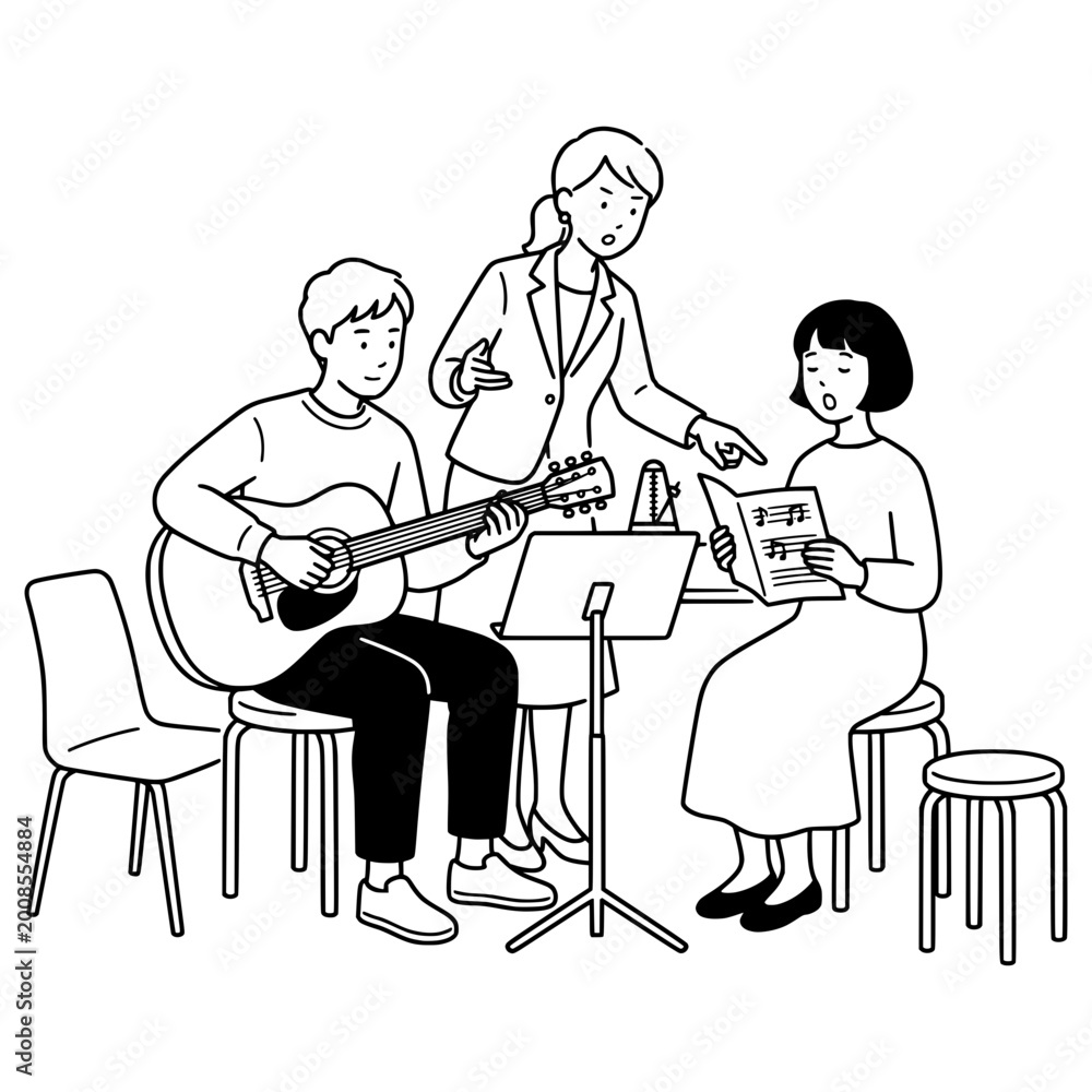 Fototapeta premium Musician learns guitar techniques from an instructor during a private lesson in a studio setting.