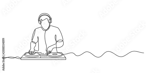 Schilderij op canvas Continuous single line drawing of a dj playing music on turntable