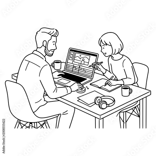 Colleagues collaborate on a creative project using a laptop and headphones while sitting together at a shared office workspace.