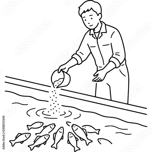 Worker stands by the edge of a large water tank while scattering handfuls of feed to attract a group of swimming fish.